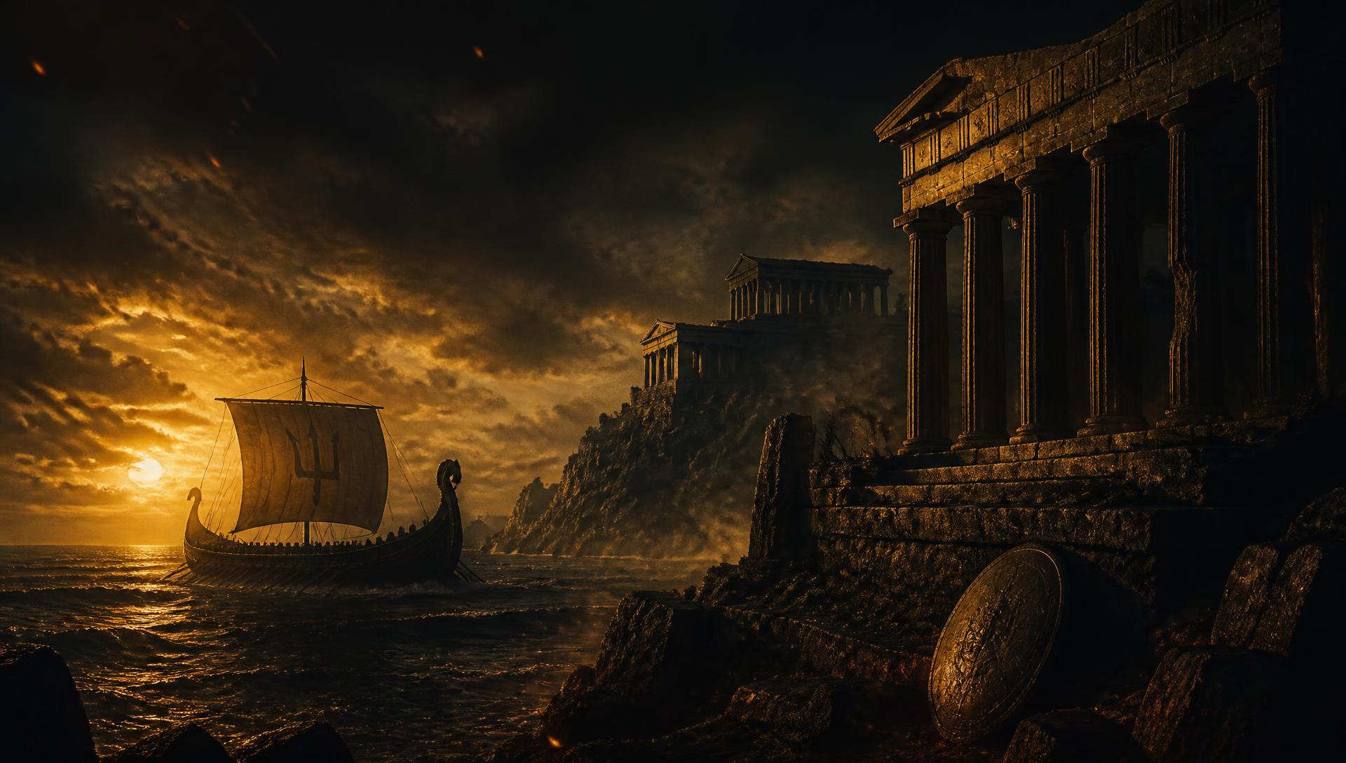 Ancient Greek trireme sailing past marble temple ruins at golden hour